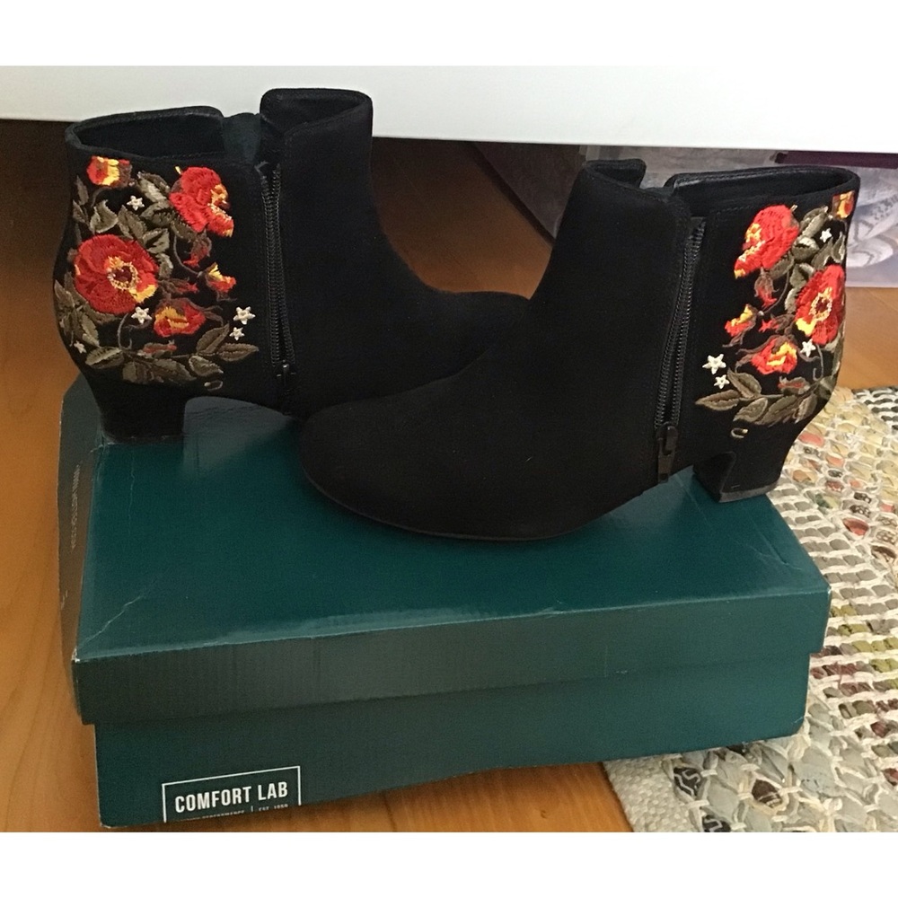 Hotter Black Suede Embroidered Boots